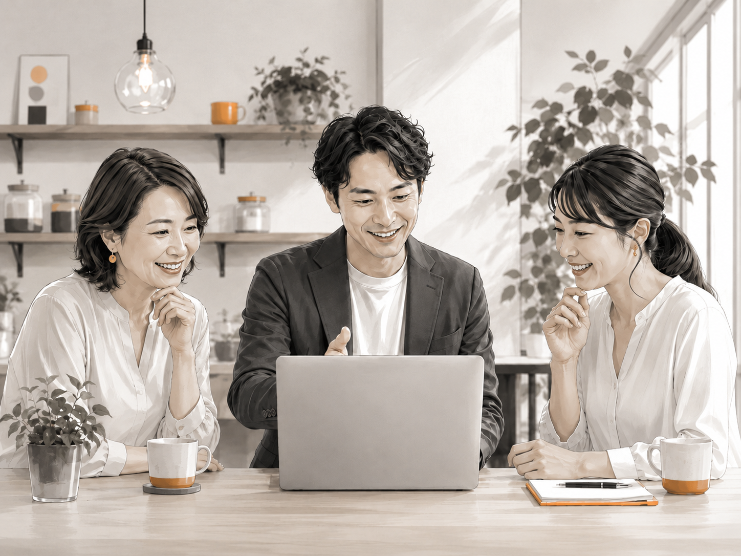 小規模事業者や個人事業主がAIを使いながら仕事を相談しているイメージ